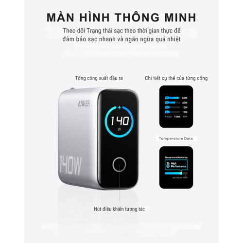 Sạc Anker Zolo 140W B2697 GaN - 3 Cổng USB-C, 1 Cổng USB-A, Màn Hình LED Thông Minh, Power Delivery 3.1 | Anker Zolo 140W B2697 Chính Hãng - Hình ảnh 5