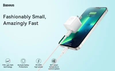 Củ sạc nhanh Baseus GaN5 Fast Charger 1C 20W - Trải nghiệm công nghệ sạc của tương lai với củ sạc <strong>Baseus GaN5 Fast Charger 1C 20W</strong>. Nhờ công nghệ GaN5 (Gallium Nitride thế hệ 5) tiên tiến, củ sạc có kích thước siêu nhỏ gọn, nhỏ hơn 50% so với củ sạc 20W thông thường nhưng vẫn cung cấp công suất sạc nhanh Power Delivery 20W mạnh mẽ. Sạc đầy 60% pin cho iPhone chỉ trong 30 phút. Công nghệ kiểm soát nhiệt độ thông minh BCT đảm bảo sạc nhanh nhưng luôn mát mẻ và an toàn. Thiết kế tối giản, sang trọng, <strong>Baseus GaN5 Fast Charger 1C 20W</strong> là sự lựa chọn hoàn hảo để thay thế củ sạc cũ, mang lại sự kết hợp hoàn hảo giữa kích thước, tốc độ và sự an toàn.