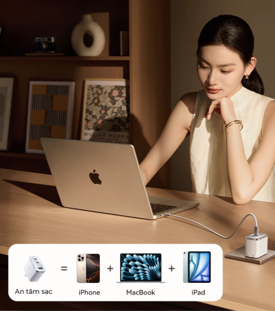 Củ Sạc Anker Nano 70W 3 Cổng A121A - Sạc Nhanh Laptop & Điện Thoại, Công Nghệ GaN - Trải nghiệm sự tiện lợi tối đa với củ sạc Anker Nano 70W <strong>A121A</strong> – giải pháp năng lượng "tất cả trong một" cho người dùng hiện đại. Với thiết kế siêu nhỏ gọn nhờ công nghệ GaN và chân cắm có thể gập lại, đây là người bạn đồng hành hoàn hảo cho mọi chuyến đi. Sản phẩm sở hữu 3 cổng sạc (2 USB-C, 1 USB-A) với tổng công suất 70W, đủ sức sạc nhanh cho cả MacBook, iPhone, và các thiết bị khác cùng lúc. Công nghệ ActiveShield™ 2.0 đảm bảo an toàn tuyệt đối, ngăn ngừa quá nhiệt và bảo vệ thiết bị của bạn. Hãy thay thế mọi củ sạc cồng kềnh bằng Anker <strong>A121A</strong> duy nhất.