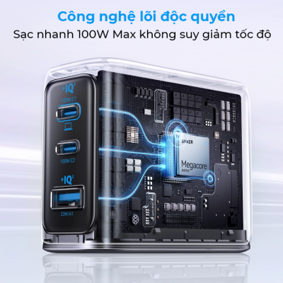 Sạc Nhanh 3 Cổng Anker 100W – A121B - Giải phóng sức mạnh sạc tối đa với củ sạc Anker 100W <strong>A121B</strong>. Được trang bị công nghệ GaNPrime™ tiên tiến, củ sạc này cung cấp tổng công suất 100W mạnh mẽ qua 3 cổng (2 USB-C, 1 USB-A) trong một thiết kế nhỏ gọn hơn 34% so với sạc gốc của Apple. Dễ dàng sạc nhanh cho MacBook Pro, iPhone, và một thiết bị khác cùng lúc mà không làm giảm hiệu suất. Chân cắm gập gọn và công nghệ an toàn ActiveShield™ 2.0 biến nó thành người bạn đồng hành hoàn hảo cho công việc và du lịch. Hãy thay thế ba củ sạc cồng kềnh chỉ bằng một củ sạc Anker <strong>A121B</strong> duy nhất. Mua ngay tại Taynamtech.vn để trải nghiệm sự khác biệt!