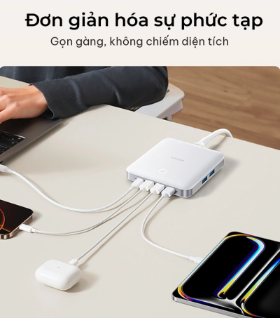 Sạc Để Bàn 6 Cổng Anker Nano 130W - A2155 - Dọn dẹp không gian làm việc và tối ưu hóa năng lượng với sạc để bàn Anker Nano 130W <strong>A2155</strong>. Đây là giải pháp 6 trong 1 mạnh mẽ, kết hợp 2 ổ cắm AC, 2 cổng USB-C và 2 cổng USB-A trong một thiết kế siêu nhỏ gọn. Với tổng công suất 130W, thiết bị dễ dàng sạc nhanh đồng thời cho laptop, điện thoại, máy tính bảng và nhiều phụ kiện khác. Công nghệ GaN và ActiveShield™ 2.0 đảm bảo hiệu suất vượt trội, mát mẻ và an toàn tuyệt đối cho mọi thiết bị của bạn. Sạc Anker <strong>A2155</strong> là lựa chọn hoàn hảo để thay thế các ổ cắm cồng kềnh, mang lại sự ngăn nắp và hiệu quả cho góc làm việc. Sở hữu ngay sản phẩm chính hãng tại Taynamtech.vn