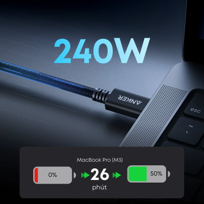 Cáp Thunderbolt 5 Anker Prime A84N1 (1m) - Mở Khóa Tốc Độ 80Gbps, Sạc Nhanh 240W - Chào mừng đến với tương lai của kết nối với cáp Thunderbolt 5 Anker Prime <strong>A84N1</strong>. Đây không chỉ là một sợi cáp, mà là chìa khóa mở ra tiềm năng tối đa cho các thiết bị chuyên nghiệp của bạn. Trải nghiệm tốc độ truyền dữ liệu chưa từng có lên đến 80Gbps, truyền tải những file dung lượng khổng lồ trong chớp mắt. Hỗ trợ công suất sạc đột phá 240W EPR, cấp nguồn cho cả những chiếc laptop gaming và máy trạm mạnh mẽ nhất. Xuất hình ảnh siêu nét ra nhiều màn hình 8K một cách mượt mà. Được chế tạo theo tiêu chuẩn "Prime" cao cấp nhất của Anker, cáp <strong>A84N1</strong> là sự đầu tư xứng đáng để nâng cấp hiệu suất làm việc và giải trí của bạn.