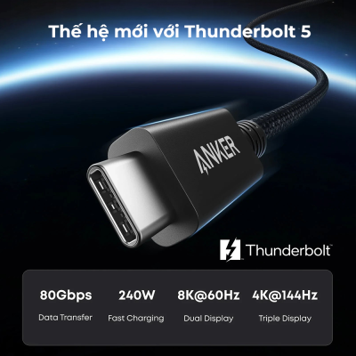 Cáp Thunderbolt 5 Anker Prime A84N1 (1m) - Mở Khóa Tốc Độ 80Gbps, Sạc Nhanh 240W - Chào mừng đến với tương lai của kết nối với cáp Thunderbolt 5 Anker Prime <strong>A84N1</strong>. Đây không chỉ là một sợi cáp, mà là chìa khóa mở ra tiềm năng tối đa cho các thiết bị chuyên nghiệp của bạn. Trải nghiệm tốc độ truyền dữ liệu chưa từng có lên đến 80Gbps, truyền tải những file dung lượng khổng lồ trong chớp mắt. Hỗ trợ công suất sạc đột phá 240W EPR, cấp nguồn cho cả những chiếc laptop gaming và máy trạm mạnh mẽ nhất. Xuất hình ảnh siêu nét ra nhiều màn hình 8K một cách mượt mà. Được chế tạo theo tiêu chuẩn "Prime" cao cấp nhất của Anker, cáp <strong>A84N1</strong> là sự đầu tư xứng đáng để nâng cấp hiệu suất làm việc và giải trí của bạn.