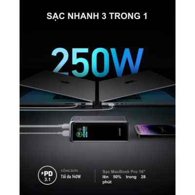 Pin Dự Phòng Anker A1340 – Pin Dự Phòng Anker Prime 27650mah 250W, điều khiển qua app, PD 140W, dành cho laptop, điện thoại A1340 - <strong>Pin Sạc Dự Phòng Anker Prime A1340</strong> dung lượng 27.650mAh, công suất 250W, hỗ trợ sạc nhanh PD 3.1 140W cho laptop, MacBook, iPhone, Samsung. Tích hợp 2 cổng USB-C, 1 cổng USB-A và app điều khiển thông minh. <strong>A1340</strong> thiết kế nhỏ gọn, màn hình hiển thị, lý tưởng cho du lịch.