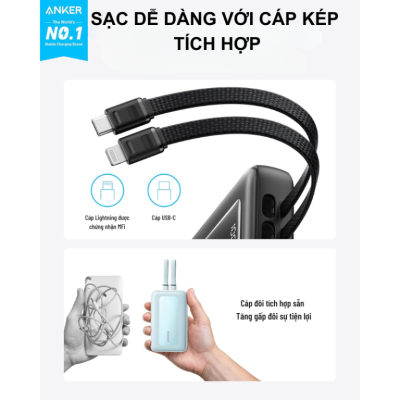 Pin Sạc Dự Phòng Anker A1680 - Anker Zolo 10.000mAh 30W A1680 Tích Hợp Cáp USB-C và Lightning - <strong>Pin Sạc Dự Phòng Anker Zolo A1680</strong> dung lượng 10.000mAh, sạc nhanh 30W qua cáp USB-C và 27W qua cáp Lightning MFi. Tích hợp cáp USB-C, Lightning, cổng USB-C, USB-A, sạc 4 thiết bị cùng lúc. <strong>A1680</strong> nhỏ gọn (221g), lý tưởng cho iPhone 15/16, Samsung.