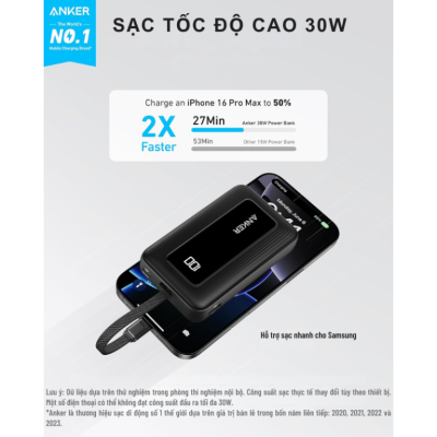 Pin Sạc Dự Phòng Anker A1688 - Anker Zolo 10.000mAh 30W A1688 Tích Hợp Cáp USB-C - <strong>Pin Sạc Dự Phòng Anker Zolo A1688</strong> dung lượng 10.000mAh, sạc nhanh 30W qua cáp USB-C tích hợp, cổng USB-C và USB-A. Sạc iPhone 15 đến 57% trong 30 phút. <strong>A1688</strong> nhỏ gọn, bền bỉ, màn hình LED hiển thị dung lượng, lý tưởng cho di chuyển.