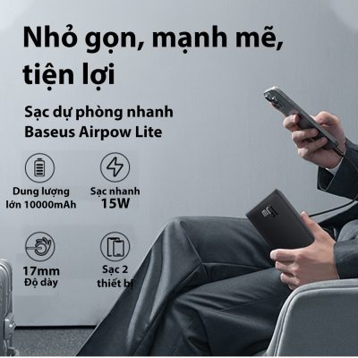 Sạc Dự Phòng Baseus Airpow Lite Power Bank 10000mAh 15W - Luôn kết nối và tràn đầy năng lượng với sạc dự phòng <strong>Baseus Airpow Lite Power Bank 10000mAh 15W</strong>. Với thiết kế siêu nhỏ gọn và trọng lượng nhẹ, sản phẩm dễ dàng nằm gọn trong túi xách hay balo của bạn. Dung lượng 10000mAh cung cấp đủ năng lượng cho 2-3 lần sạc đầy một chiếc smartphone thông thường, là cứu cánh hoàn hảo cho những ngày dài bận rộn. Công suất 15W đảm bảo dòng sạc ổn định và an toàn cho mọi thiết bị. Pin dự phòng được trang bị 2 cổng ra (USB-A & USB-C), cho phép bạn sạc cùng lúc 2 thiết bị tiện lợi. Tích hợp chip thông minh bảo vệ đa tầng, <strong>Baseus Airpow Lite Power Bank 10000mAh 15W</strong> là người bạn đồng hành đáng tin cậy cho mọi hành trình.
