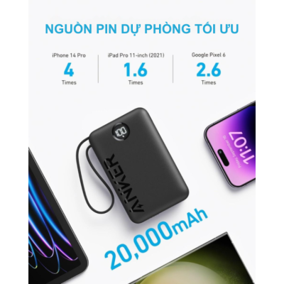 Pin Sạc Dự Phòng Anker A1647 - Anker 335 PowerCore 20.000mAh 22.5W A1647 Kèm Cáp USB-C - <strong>Pin Sạc Dự Phòng Anker 335 PowerCore A1647</strong> dung lượng 20.000mAh, công suất 22.5W, hỗ trợ sạc nhanh qua 3 cổng và cáp USB-C tích hợp. Tích hợp giá đỡ, móc treo, màn hình LED hiển thị phần trăm pin. <strong>A1647</strong> thiết kế nhỏ gọn, lý tưởng cho du lịch, công việc.