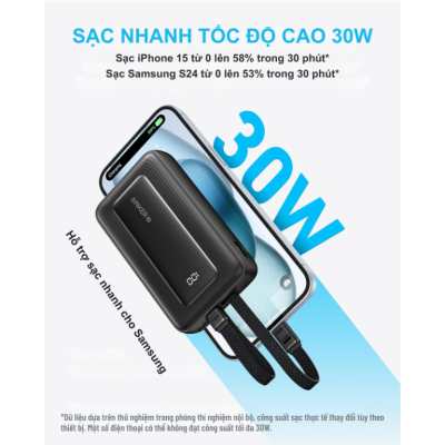 Pin Sạc Dự Phòng Anker A1680 - Anker Zolo 10.000mAh 30W A1680 Tích Hợp Cáp USB-C và Lightning - <strong>Pin Sạc Dự Phòng Anker Zolo A1680</strong> dung lượng 10.000mAh, sạc nhanh 30W qua cáp USB-C và 27W qua cáp Lightning MFi. Tích hợp cáp USB-C, Lightning, cổng USB-C, USB-A, sạc 4 thiết bị cùng lúc. <strong>A1680</strong> nhỏ gọn (221g), lý tưởng cho iPhone 15/16, Samsung.