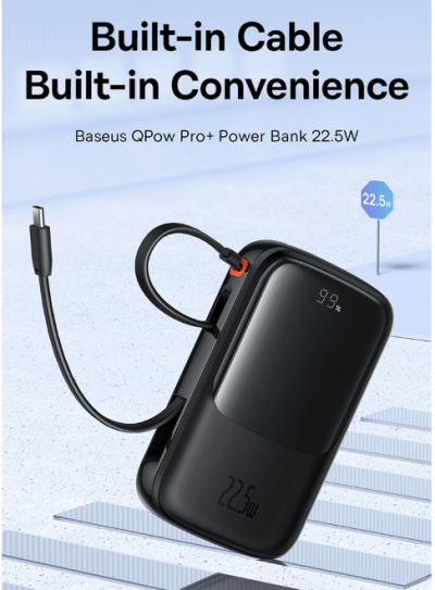 Sạc dự phòng hiệu Baseus Qpow Pro+ Digital Display Fast Charge 10000mAh 22.5W Type-C Edition - Hãy quên đi mớ dây cáp rối rắm! Sạc dự phòng <strong>Baseus Qpow Pro</strong>+ chính là giải pháp năng lượng "tất cả trong một" mà bạn cần. Với sợi cáp Type-C được tích hợp sẵn một cách thông minh, bạn sẽ không bao giờ phải lo lắng về việc quên mang theo cáp sạc. Dung lượng 10000mAh nhỏ gọn cùng công suất sạc nhanh 22.5W mạnh mẽ giúp nạp đầy năng lượng cho các thiết bị của bạn trong chớp mắt. Màn hình LED kỹ thuật số hiển thị chính xác dung lượng pin còn lại, giúp bạn luôn chủ động trong mọi tình huống. Nhỏ gọn, mạnh mẽ và siêu tiện lợi, <strong>Baseus Qpow Pro</strong>+ là người bạn đồng hành không thể thiếu cho cuộc sống năng động.