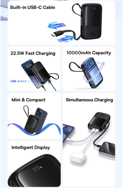 Sạc dự phòng hiệu Baseus Qpow Pro+ Digital Display Fast Charge 10000mAh 22.5W Type-C Edition - Hãy quên đi mớ dây cáp rối rắm! Sạc dự phòng <strong>Baseus Qpow Pro</strong>+ chính là giải pháp năng lượng "tất cả trong một" mà bạn cần. Với sợi cáp Type-C được tích hợp sẵn một cách thông minh, bạn sẽ không bao giờ phải lo lắng về việc quên mang theo cáp sạc. Dung lượng 10000mAh nhỏ gọn cùng công suất sạc nhanh 22.5W mạnh mẽ giúp nạp đầy năng lượng cho các thiết bị của bạn trong chớp mắt. Màn hình LED kỹ thuật số hiển thị chính xác dung lượng pin còn lại, giúp bạn luôn chủ động trong mọi tình huống. Nhỏ gọn, mạnh mẽ và siêu tiện lợi, <strong>Baseus Qpow Pro</strong>+ là người bạn đồng hành không thể thiếu cho cuộc sống năng động.