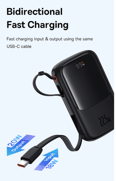 Sạc dự phòng hiệu Baseus Qpow Pro+ Digital Display Fast Charge 10000mAh 22.5W Type-C Edition - Hãy quên đi mớ dây cáp rối rắm! Sạc dự phòng <strong>Baseus Qpow Pro</strong>+ chính là giải pháp năng lượng "tất cả trong một" mà bạn cần. Với sợi cáp Type-C được tích hợp sẵn một cách thông minh, bạn sẽ không bao giờ phải lo lắng về việc quên mang theo cáp sạc. Dung lượng 10000mAh nhỏ gọn cùng công suất sạc nhanh 22.5W mạnh mẽ giúp nạp đầy năng lượng cho các thiết bị của bạn trong chớp mắt. Màn hình LED kỹ thuật số hiển thị chính xác dung lượng pin còn lại, giúp bạn luôn chủ động trong mọi tình huống. Nhỏ gọn, mạnh mẽ và siêu tiện lợi, <strong>Baseus Qpow Pro</strong>+ là người bạn đồng hành không thể thiếu cho cuộc sống năng động.