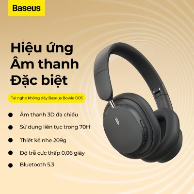 Tai Nghe Chụp Tai Không Dây Baseus Bowie D05 - Chống Ồn, Âm Thanh Hi-Fi, Pin 70 Giờ, Độ Trễ Thấp Chơi Game - Tận hưởng không gian âm nhạc riêng tư và đắm chìm trong thế giới game với tai nghe chụp tai <strong>Baseus Bowie D05</strong>. Nổi bật với thời lượng pin cực khủng lên đến 70 giờ, bạn có thể nghe nhạc cả tuần mà không cần lo lắng về việc sạc pin. Màng loa dynamic 40mm mang đến chất âm Hi-Fi sống động, bass sâu và treble chi tiết. Kích hoạt chế độ gaming với độ trễ siêu thấp chỉ 0.06s, cho trải nghiệm chơi game và xem phim đồng bộ hoàn hảo. Thiết kế chụp tai công thái học, siêu nhẹ cùng đệm tai protein mềm mại đảm bảo sự thoải mái tối đa khi đeo trong thời gian dài. <strong>Baseus Bowie D05</strong> hỗ trợ kết nối kép không dây/có dây linh hoạt, là lựa chọn hoàn hảo cho mọi nhu cầu.