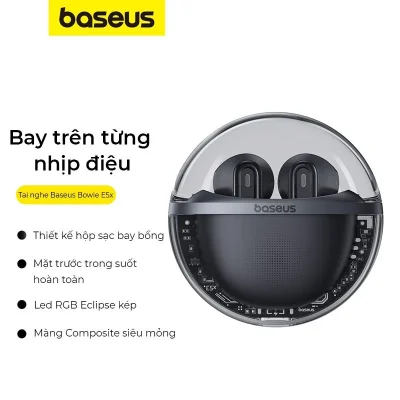 Tai nghe Bluetooth Baseus Bowie E5x - Phá vỡ mọi giới hạn thiết kế với tai nghe Bluetooth <strong>Baseus Bowie E5x</strong>. Gây ấn tượng mạnh mẽ ngay từ cái nhìn đầu tiên với lớp vỏ trong suốt độc đáo, để lộ các vi mạch tinh xảo bên trong. Thiết kế hình giọt nước siêu nhỏ gọn, ôm khít vào tai mang lại cảm giác đeo thoải mái suốt cả ngày. Tận hưởng kết nối không dây ổn định và mượt mà với công nghệ Bluetooth 5.3 mới nhất, cùng tổng thời lượng pin lên đến 25 giờ. Công nghệ sạc nhanh cho phép bạn nghe nhạc 2 giờ chỉ với 10 phút sạc. Chế độ độ trễ thấp 0.06s và khả năng tùy chỉnh qua App Baseus biến <strong>Baseus Bowie E5x</strong> trở thành lựa chọn hoàn hảo, kết hợp đỉnh cao giữa công nghệ và nghệ thuật.