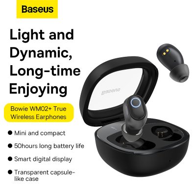 Tai Nghe Không Dây Baseus Bowie WM02+ - Màn Hình LED, Bluetooth 5.3, Pin 25 Giờ, Thiết Kế Thời Trang - Nâng tầm phong cách của bạn với tai nghe không dây <strong>Baseus Bowie WM02+</strong>. Điểm nhấn đột phá là màn hình LED kỹ thuật số ngay trên hộp sạc, hiển thị chính xác % pin còn lại và thời gian sạc, giúp bạn luôn chủ động về năng lượng. Thiết kế "viên nang" trong suốt siêu nhỏ gọn, thời trang, mang lại cảm giác đeo nhẹ nhàng và thoải mái. Trang bị công nghệ Bluetooth 5.3 mới nhất, tai nghe đảm bảo kết nối ổn định và độ trễ cực thấp chỉ 60ms, lý tưởng cho việc chơi game. Tận hưởng âm nhạc suốt 50 giờ cùng hộp sạc và công nghệ sạc nhanh 10 phút cho 2 giờ sử dụng. <strong>Baseus Bowie WM02+</strong> là sự lựa chọn hoàn hảo cho thế hệ trẻ năng động và cá tính.