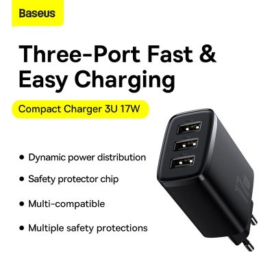 Củ sạc hiệu Baseus Compact 3U 17W EU - Giải phóng không gian ổ cắm của bạn với củ sạc <strong>Baseus Compact 3U 17W EU</strong>. Với thiết kế siêu nhỏ gọn và 3 cổng USB tiện lợi, đây là giải pháp sạc "tất cả trong một" cho mọi nhu cầu hàng ngày của bạn. Tổng công suất 17W được phân bổ thông minh, với mỗi cổng có thể cung cấp dòng sạc lên đến 2.4A, giúp nạp năng lượng nhanh chóng và hiệu quả cho điện thoại, máy tính bảng, tai nghe và nhiều thiết bị khác. Chip xử lý thông minh tích hợp đảm bảo sạc an toàn, bảo vệ thiết bị của bạn khỏi các nguy cơ quá dòng, quá nhiệt. <strong>Baseus Compact 3U 17W EU</strong> là sự lựa chọn hoàn hảo cho gia đình, du lịch và một góc làm việc gọn gàng, hiệu quả.