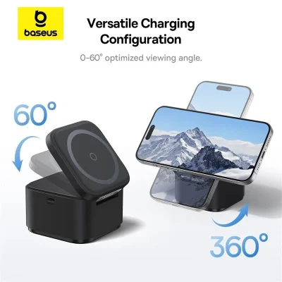 Baseus MagPro 2-in-1 Magnetic Wireless Charger 25W Cosmic Black - Tối giản không gian sạc của bạn với đế sạc không dây từ tính <strong>Baseus MagPro 2-in-1</strong>. Giải pháp hoàn hảo cho hệ sinh thái Apple, cho phép bạn sạc đồng thời iPhone (tương thích MagSafe) và AirPods (hoặc điện thoại phụ hỗ trợ sạc không dây) một cách nhanh chóng và tiện lợi. Với tổng công suất lên đến 25W, lực hít từ tính cực mạnh và thiết kế gập gọn 60° linh hoạt, sản phẩm không chỉ là một thiết bị sạc mà còn là một giá đỡ điện thoại thanh lịch. Màu Đen Vũ Trụ (Cosmic Black) tinh tế cùng các tính năng an toàn đa tầng biến <strong>Baseus MagPro 2-in-1</strong> trở thành phụ kiện không thể thiếu trên bàn làm việc hoặc tủ đầu giường của bạn.