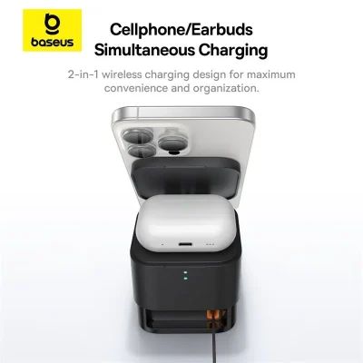Baseus MagPro 2-in-1 Magnetic Wireless Charger 25W Cosmic Black - Tối giản không gian sạc của bạn với đế sạc không dây từ tính <strong>Baseus MagPro 2-in-1</strong>. Giải pháp hoàn hảo cho hệ sinh thái Apple, cho phép bạn sạc đồng thời iPhone (tương thích MagSafe) và AirPods (hoặc điện thoại phụ hỗ trợ sạc không dây) một cách nhanh chóng và tiện lợi. Với tổng công suất lên đến 25W, lực hít từ tính cực mạnh và thiết kế gập gọn 60° linh hoạt, sản phẩm không chỉ là một thiết bị sạc mà còn là một giá đỡ điện thoại thanh lịch. Màu Đen Vũ Trụ (Cosmic Black) tinh tế cùng các tính năng an toàn đa tầng biến <strong>Baseus MagPro 2-in-1</strong> trở thành phụ kiện không thể thiếu trên bàn làm việc hoặc tủ đầu giường của bạn.