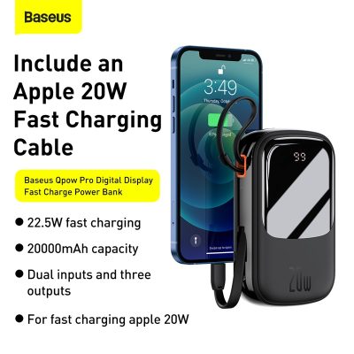 Sạc dự phòng hiệu Baseus Qpow Pro Digital Display Fast Charge 20000mAh 20W iP Edition - Bạn mệt mỏi vì phải luôn nhớ mang theo cáp sạc? Pin sạc dự phòng <strong>Baseus Qpow Pro</strong> chính là giải pháp tối ưu dành cho bạn! Với thiết kế độc đáo tích hợp sẵn cáp Lightning, bạn có thể sạc nhanh iPhone của mình mọi lúc mọi nơi mà không cần dây nhợ lằng nhằng. Công suất sạc nhanh Power Delivery 20W giúp nạp đầy 60% pin chỉ trong 30 phút. Dung lượng khủng 20000mAh đảm bảo năng lượng cho nhiều ngày sử dụng, lý tưởng cho những chuyến đi dài. Màn hình LED kỹ thuật số hiển thị chính xác % pin còn lại, giúp bạn luôn chủ động. Sạc cùng lúc 3 thiết bị với 3 cổng ra tiện lợi. <strong>Baseus Qpow Pro</strong> là sự kết hợp hoàn hảo giữa sức mạnh, sự tiện lợi và phong cách.