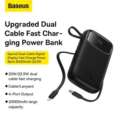 Sạc dự phòng hiệu Baseus Qpow2 Dual-Cable Digital Display Fast Charge 20000mAh 22.5W - Chấm dứt nỗi lo quên dây sạc với pin sạc dự phòng <strong>Baseus Qpow2</strong>! Đây là giải pháp năng lượng tối thượng với 2 cáp sạc (1 Type-C & 1 Lightning) được tích hợp sẵn, gọn gàng ngay trên thân pin. Với công suất sạc nhanh 22.5W, sản phẩm hỗ trợ đa giao thức từ Huawei SCP đến PD 20W, giúp sạc 60% pin cho iPhone chỉ trong 30 phút. Dung lượng khủng 20000mAh đảm bảo năng lượng cho nhiều ngày, trong khi màn hình LED kỹ thuật số hiển thị chính xác % pin còn lại. Đặc biệt, <strong>Baseus Qpow2</strong> có khả năng sạc cùng lúc cho 4 thiết bị, biến nó thành một trạm năng lượng di động thực thụ. Đây là sự lựa chọn hoàn hảo cho người dùng tìm kiếm sự tiện lợi và sức mạnh tối đa.