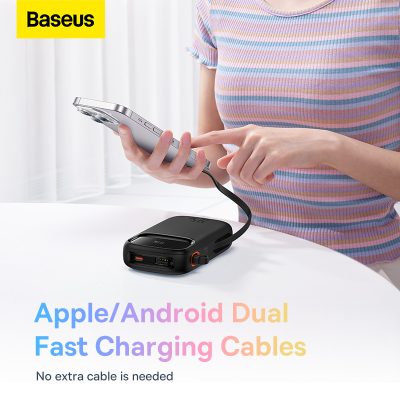 Sạc dự phòng hiệu Baseus Qpow2 Dual-Cable Digital Display Fast Charge 20000mAh 22.5W - Chấm dứt nỗi lo quên dây sạc với pin sạc dự phòng <strong>Baseus Qpow2</strong>! Đây là giải pháp năng lượng tối thượng với 2 cáp sạc (1 Type-C & 1 Lightning) được tích hợp sẵn, gọn gàng ngay trên thân pin. Với công suất sạc nhanh 22.5W, sản phẩm hỗ trợ đa giao thức từ Huawei SCP đến PD 20W, giúp sạc 60% pin cho iPhone chỉ trong 30 phút. Dung lượng khủng 20000mAh đảm bảo năng lượng cho nhiều ngày, trong khi màn hình LED kỹ thuật số hiển thị chính xác % pin còn lại. Đặc biệt, <strong>Baseus Qpow2</strong> có khả năng sạc cùng lúc cho 4 thiết bị, biến nó thành một trạm năng lượng di động thực thụ. Đây là sự lựa chọn hoàn hảo cho người dùng tìm kiếm sự tiện lợi và sức mạnh tối đa.