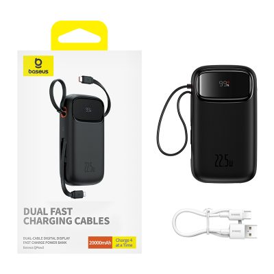 Sạc dự phòng hiệu Baseus Qpow2 Dual-Cable Digital Display Fast Charge 20000mAh 22.5W - Chấm dứt nỗi lo quên dây sạc với pin sạc dự phòng <strong>Baseus Qpow2</strong>! Đây là giải pháp năng lượng tối thượng với 2 cáp sạc (1 Type-C & 1 Lightning) được tích hợp sẵn, gọn gàng ngay trên thân pin. Với công suất sạc nhanh 22.5W, sản phẩm hỗ trợ đa giao thức từ Huawei SCP đến PD 20W, giúp sạc 60% pin cho iPhone chỉ trong 30 phút. Dung lượng khủng 20000mAh đảm bảo năng lượng cho nhiều ngày, trong khi màn hình LED kỹ thuật số hiển thị chính xác % pin còn lại. Đặc biệt, <strong>Baseus Qpow2</strong> có khả năng sạc cùng lúc cho 4 thiết bị, biến nó thành một trạm năng lượng di động thực thụ. Đây là sự lựa chọn hoàn hảo cho người dùng tìm kiếm sự tiện lợi và sức mạnh tối đa.