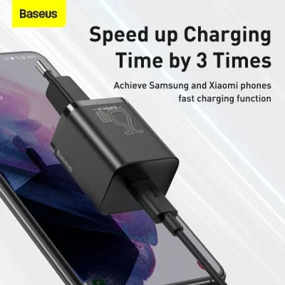 Bộ Sạc Nhanh Baseus Super Si 1C 25W EU - Hỗ Trợ Samsung Super Fast Charging, Kèm Cáp Type-C - Khai phóng tốc độ sạc tối đa cho điện thoại Samsung của bạn với bộ sạc nhanh <strong>Baseus Super Si 1C 25W EU</strong>. Được trang bị công nghệ Super Si (Super Silicon) tiên tiến, củ sạc có kích thước siêu nhỏ gọn nhưng lại sở hữu công suất 25W mạnh mẽ, hỗ trợ đầy đủ giao thức PPS để kích hoạt chế độ "Super Fast Charging" cho các dòng Samsung Galaxy. Sạc 60% pin cho Galaxy S22 chỉ trong 30 phút. Công nghệ kiểm soát nhiệt độ thông minh đảm bảo sạc nhanh nhưng luôn mát mẻ và an toàn. Bộ sản phẩm đi kèm sẵn cáp sạc Type-C to Type-C 1m chất lượng cao, tạo thành giải pháp toàn diện, mua là dùng ngay. Chọn <strong>Baseus Super Si 1C 25W EU</strong> để trải nghiệm tốc độ sạc đỉnh cao.