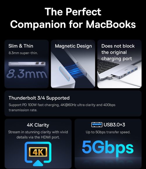 Thiết bị mở rộng hiệu Baseus UltraJoy Series 5-Port (Direct-Link Type) (USB-C*2 to USB-C 40Gbps*1+HDMI 4K@30Hz*1+USB3.0*3) - Hình ảnh 5