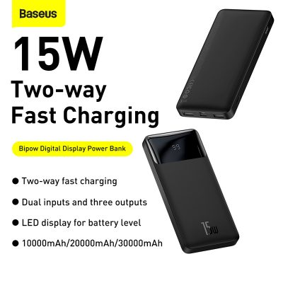 Sạc dự phòng hiệu Baseus Bipow Digital Display 20000mAh 15W - Luôn kết nối và tràn đầy năng lượng với pin sạc dự phòng <strong>Baseus Bipow Digital Display 20000mAh 15W</strong>. Sở hữu dung lượng khủng 20000mAh, sản phẩm là nguồn năng lượng dồi dào cho nhiều ngày sử dụng, lý tưởng cho những chuyến đi dài hay khi bạn phải di chuyển liên tục. Màn hình LED kỹ thuật số hiển thị chính xác % pin còn lại, giúp bạn dễ dàng kiểm soát năng lượng. Với công suất sạc 15W và khả năng sạc cùng lúc 3 thiết bị qua 3 cổng ra tiện lợi, đây là giải pháp năng lượng hiệu quả cho smartphone, máy tính bảng và tai nghe của bạn. Thiết kế tối giản, bề mặt chống trượt tinh tế, <strong>Baseus Bipow Digital Display 20000mAh 15W</strong> là người bạn đồng hành đáng tin cậy cho mọi nhu cầu.