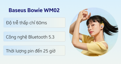 Tai nghe không dây hiệu Baseus Bowie WM02 - Khám phá thế giới âm nhạc đầy màu sắc với tai nghe <strong>Baseus Bowie WM02</strong>, một kiệt tác của sự nhỏ gọn và phong cách. Với thiết kế hình "viên nang" độc đáo và trọng lượng siêu nhẹ, tai nghe mang lại cảm giác đeo thoải mái suốt cả ngày dài. Tận hưởng chất âm trong trẻo, cân bằng và kết nối Bluetooth 5.3 ổn định, liền mạch. Điểm nhấn đặc biệt là công nghệ sạc nhanh Baseus, chỉ cần sạc 10 phút là có ngay 2 giờ nghe nhạc. Với tổng thời lượng pin lên đến 25 giờ và nhiều phiên bản màu sắc cá tính, <strong>Baseus Bowie WM02</strong> là người bạn đồng hành không thể thiếu cho lối sống năng động và hiện đại của bạn.