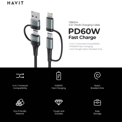 Cáp Sạc Nhanh 4in1 HAVIT CB6244, Sạc Nhanh PD 60W, Độ Dài 1m - BH 12 Tháng - Tối giản hóa thế giới công nghệ của bạn với cáp sạc nhanh 4 trong 1 <strong>HAVIT CB6244</strong>. Đây là sợi cáp đa năng tối thượng, có khả năng biến đổi linh hoạt để sạc cho mọi thiết bị của bạn, từ Type-C to Type-C, Type-C to Lightning, USB-A to Type-C cho đến USB-A to Lightning. Hỗ trợ công suất sạc nhanh Power Delivery (PD) lên đến 60W, sản phẩm đủ sức nạp năng lượng cho cả MacBook Air, iPad Pro và sạc nhanh cho iPhone. Với thiết kế vỏ bọc dù bện cao cấp chống rối, chống đứt gãy và chính sách bảo hành 12 tháng uy tín, <strong>HAVIT CB6244</strong> là sợi cáp duy nhất bạn cần cho mọi chuyến đi và không gian làm việc.