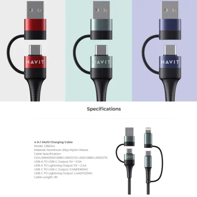 Cáp Sạc Nhanh 4in1 HAVIT CB6244, Sạc Nhanh PD 60W, Độ Dài 1m - BH 12 Tháng - Tối giản hóa thế giới công nghệ của bạn với cáp sạc nhanh 4 trong 1 <strong>HAVIT CB6244</strong>. Đây là sợi cáp đa năng tối thượng, có khả năng biến đổi linh hoạt để sạc cho mọi thiết bị của bạn, từ Type-C to Type-C, Type-C to Lightning, USB-A to Type-C cho đến USB-A to Lightning. Hỗ trợ công suất sạc nhanh Power Delivery (PD) lên đến 60W, sản phẩm đủ sức nạp năng lượng cho cả MacBook Air, iPad Pro và sạc nhanh cho iPhone. Với thiết kế vỏ bọc dù bện cao cấp chống rối, chống đứt gãy và chính sách bảo hành 12 tháng uy tín, <strong>HAVIT CB6244</strong> là sợi cáp duy nhất bạn cần cho mọi chuyến đi và không gian làm việc.