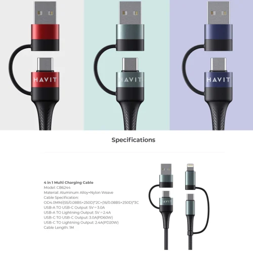 Cáp Sạc Nhanh 4in1 HAVIT CB6244, Sạc Nhanh PD 60W, Độ Dài 1m - BH 12 Tháng - Hình ảnh 6