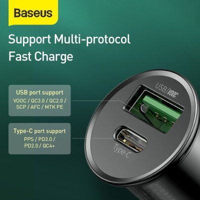 Sạc ô tô hiệu Baseus Circular metal A+C 30W PPS - Nâng cấp trải nghiệm sạc trên xe hơi của bạn với tẩu sạc <strong>Baseus Circular metal A+C 30W PPS</strong>. Với thiết kế kim loại nguyên khối sang trọng và nhỏ gọn, sản phẩm không chỉ là một phụ kiện công nghệ mà còn là điểm nhấn đẳng cấp cho nội thất xe. Trang bị 2 cổng sạc USB-A và USB-C, cùng tổng công suất 30W mạnh mẽ, tẩu sạc hỗ trợ sạc nhanh PD cho iPhone và đặc biệt là công nghệ PPS (Super Fast Charging) cho các dòng điện thoại Samsung cao cấp. Giờ đây, bạn và người đi cùng có thể nạp đầy năng lượng cho hai thiết bị cùng lúc với tốc độ đáng kinh ngạc. An toàn, hiệu quả và thẩm mỹ, <strong>Baseus Circular metal A+C 30W PPS</strong> là người bạn đồng hành không thể thiếu trên mọi nẻo đường.