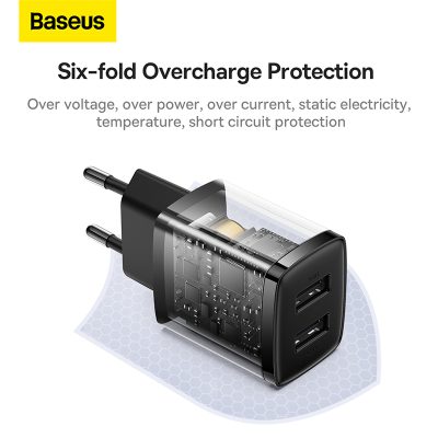 Củ sạc hiệu Baseus Compact 2U 10.5W EU - Đơn giản hóa việc sạc pin hàng ngày của bạn với củ sạc <strong>Baseus Compact 2U 10.5W EU</strong>. Với thiết kế siêu nhỏ gọn, chỉ tương đương một hộp đựng tai nghe, củ sạc này là giải pháp hoàn hảo để tiết kiệm không gian và mang theo khi đi du lịch. Trang bị 2 cổng USB-A tiện lợi, bạn có thể sạc đồng thời 2 thiết bị như điện thoại và tai nghe không dây một cách dễ dàng. Công suất 10.5W được phân bổ thông minh, đảm bảo dòng sạc ổn định và hiệu quả. Chip bảo vệ đa tầng tích hợp giúp ngăn ngừa các nguy cơ quá dòng, quá nhiệt, đảm bảo an toàn tuyệt đối cho thiết bị của bạn. Chọn ngay <strong>Baseus Compact 2U 10.5W EU</strong> cho một cuộc sống gọn gàng và tiện lợi.