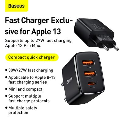 Sạc nhanh hiệu Baseus Compact 2U+C 30W EU - Dọn dẹp bàn làm việc và đơn giản hóa cuộc sống của bạn với củ sạc <strong>Baseus Compact 2U+C 30W EU</strong>. Đây là giải pháp năng lượng "tất cả trong một", với thiết kế siêu nhỏ gọn nhưng lại sở hữu đến 3 cổng sạc tiện lợi: 1 cổng USB-C PD 30W và 2 cổng USB-A. Sản phẩm có khả năng sạc nhanh đồng thời cho cả điện thoại iPhone, Samsung, tai nghe không dây và nhiều thiết bị khác. Công nghệ phân phối dòng điện thông minh BPS đảm bảo sạc nhanh và an toàn cho tất cả các thiết bị được kết nối. Hãy đầu tư vào sự gọn gàng và hiệu suất với củ sạc đa năng <strong>Baseus Compact 2U+C 30W EU</strong>.