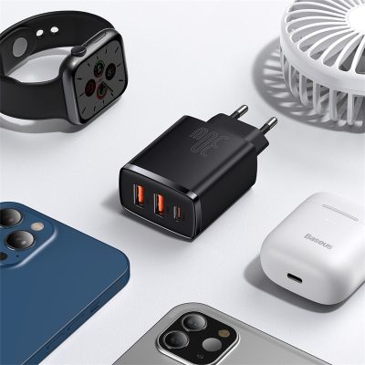 Sạc nhanh hiệu Baseus Compact 2U+C 30W EU - Dọn dẹp bàn làm việc và đơn giản hóa cuộc sống của bạn với củ sạc <strong>Baseus Compact 2U+C 30W EU</strong>. Đây là giải pháp năng lượng "tất cả trong một", với thiết kế siêu nhỏ gọn nhưng lại sở hữu đến 3 cổng sạc tiện lợi: 1 cổng USB-C PD 30W và 2 cổng USB-A. Sản phẩm có khả năng sạc nhanh đồng thời cho cả điện thoại iPhone, Samsung, tai nghe không dây và nhiều thiết bị khác. Công nghệ phân phối dòng điện thông minh BPS đảm bảo sạc nhanh và an toàn cho tất cả các thiết bị được kết nối. Hãy đầu tư vào sự gọn gàng và hiệu suất với củ sạc đa năng <strong>Baseus Compact 2U+C 30W EU</strong>.