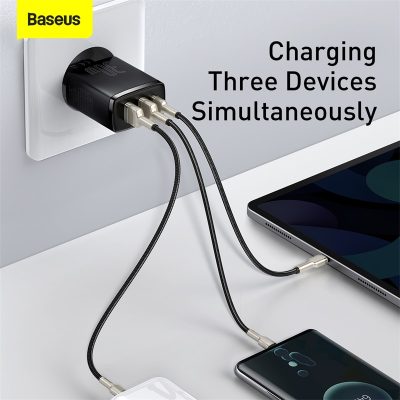 Sạc nhanh hiệu Baseus Compact 2U+C 30W EU - Dọn dẹp bàn làm việc và đơn giản hóa cuộc sống của bạn với củ sạc <strong>Baseus Compact 2U+C 30W EU</strong>. Đây là giải pháp năng lượng "tất cả trong một", với thiết kế siêu nhỏ gọn nhưng lại sở hữu đến 3 cổng sạc tiện lợi: 1 cổng USB-C PD 30W và 2 cổng USB-A. Sản phẩm có khả năng sạc nhanh đồng thời cho cả điện thoại iPhone, Samsung, tai nghe không dây và nhiều thiết bị khác. Công nghệ phân phối dòng điện thông minh BPS đảm bảo sạc nhanh và an toàn cho tất cả các thiết bị được kết nối. Hãy đầu tư vào sự gọn gàng và hiệu suất với củ sạc đa năng <strong>Baseus Compact 2U+C 30W EU</strong>.