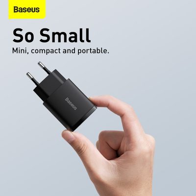 Sạc nhanh hiệu Baseus Compact U+C 20W EU - Bạn có mệt mỏi với việc mang theo nhiều củ sạc cho các thiết bị khác nhau? <strong>Baseus Compact U+C 20W EU</strong> chính là giải pháp năng lượng tối giản và hiệu quả. Với kích thước siêu nhỏ gọn chỉ nằm trong lòng bàn tay, củ sạc này cung cấp 2 cổng sạc tiện lợi: USB-C (PD 20W) cho iPhone và USB-A (QC 18W) cho các thiết bị Android. Sạc đầy 60% pin cho iPhone chỉ trong 30 phút. Khả năng sạc đồng thời 2 thiết bị giúp bạn tiết kiệm thời gian và không gian ổ cắm. An toàn, mạnh mẽ và siêu di động, <strong>Baseus Compact U+C 20W EU</strong> là người bạn đồng hành không thể thiếu cho cuộc sống số của bạn.