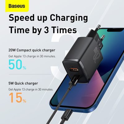 Sạc nhanh hiệu Baseus Compact U+C 20W EU - Bạn có mệt mỏi với việc mang theo nhiều củ sạc cho các thiết bị khác nhau? <strong>Baseus Compact U+C 20W EU</strong> chính là giải pháp năng lượng tối giản và hiệu quả. Với kích thước siêu nhỏ gọn chỉ nằm trong lòng bàn tay, củ sạc này cung cấp 2 cổng sạc tiện lợi: USB-C (PD 20W) cho iPhone và USB-A (QC 18W) cho các thiết bị Android. Sạc đầy 60% pin cho iPhone chỉ trong 30 phút. Khả năng sạc đồng thời 2 thiết bị giúp bạn tiết kiệm thời gian và không gian ổ cắm. An toàn, mạnh mẽ và siêu di động, <strong>Baseus Compact U+C 20W EU</strong> là người bạn đồng hành không thể thiếu cho cuộc sống số của bạn.