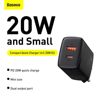 Sạc nhanh hiệu Baseus Compact U+C 20W EU - Bạn có mệt mỏi với việc mang theo nhiều củ sạc cho các thiết bị khác nhau? <strong>Baseus Compact U+C 20W EU</strong> chính là giải pháp năng lượng tối giản và hiệu quả. Với kích thước siêu nhỏ gọn chỉ nằm trong lòng bàn tay, củ sạc này cung cấp 2 cổng sạc tiện lợi: USB-C (PD 20W) cho iPhone và USB-A (QC 18W) cho các thiết bị Android. Sạc đầy 60% pin cho iPhone chỉ trong 30 phút. Khả năng sạc đồng thời 2 thiết bị giúp bạn tiết kiệm thời gian và không gian ổ cắm. An toàn, mạnh mẽ và siêu di động, <strong>Baseus Compact U+C 20W EU</strong> là người bạn đồng hành không thể thiếu cho cuộc sống số của bạn.