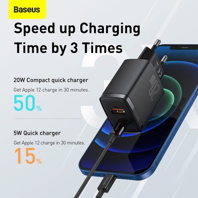 Sạc nhanh hiệu Baseus Compact U+C 20W EU - Bạn có mệt mỏi với việc mang theo nhiều củ sạc cho các thiết bị khác nhau? <strong>Baseus Compact U+C 20W EU</strong> chính là giải pháp năng lượng tối giản và hiệu quả. Với kích thước siêu nhỏ gọn chỉ nằm trong lòng bàn tay, củ sạc này cung cấp 2 cổng sạc tiện lợi: USB-C (PD 20W) cho iPhone và USB-A (QC 18W) cho các thiết bị Android. Sạc đầy 60% pin cho iPhone chỉ trong 30 phút. Khả năng sạc đồng thời 2 thiết bị giúp bạn tiết kiệm thời gian và không gian ổ cắm. An toàn, mạnh mẽ và siêu di động, <strong>Baseus Compact U+C 20W EU</strong> là người bạn đồng hành không thể thiếu cho cuộc sống số của bạn.