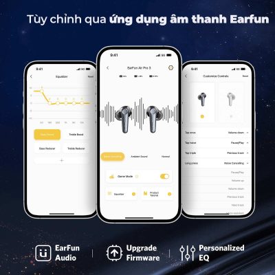 Tai nghe Bluetooth Earfun Air Pro 3 - Nâng tầm trải nghiệm âm thanh không dây của bạn với tai nghe <strong>Earfun Air Pro 3</strong>. Là sản phẩm đầu tiên trên thế giới tích hợp codec aptX™ Adaptive và Bluetooth LE Audio, tai nghe mang đến chất âm chi tiết, ổn định và độ trễ cực thấp. Công nghệ chống ồn độc quyền QuietSmart™ 2.0 Hybrid ANC khử ồn sâu tới 43dB, tạo ra không gian tĩnh lặng tuyệt đối. Hệ thống 6 micro với công nghệ cVc™ 8.0 đảm bảo mọi cuộc gọi trong như pha lê. Với tổng thời lượng pin 45 giờ và kết nối đa điểm thông minh, <strong>Earfun Air Pro 3</strong> là lựa chọn hoàn hảo để làm việc, giải trí và tận hưởng âm nhạc đỉnh cao ở bất cứ đâu.