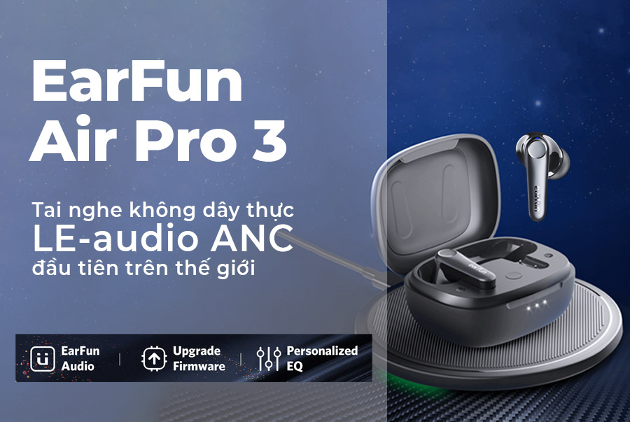 Tai nghe Bluetooth Earfun Air Pro 3 - Nâng tầm trải nghiệm âm thanh không dây của bạn với tai nghe <strong>Earfun Air Pro 3</strong>. Là sản phẩm đầu tiên trên thế giới tích hợp codec aptX™ Adaptive và Bluetooth LE Audio, tai nghe mang đến chất âm chi tiết, ổn định và độ trễ cực thấp. Công nghệ chống ồn độc quyền QuietSmart™ 2.0 Hybrid ANC khử ồn sâu tới 43dB, tạo ra không gian tĩnh lặng tuyệt đối. Hệ thống 6 micro với công nghệ cVc™ 8.0 đảm bảo mọi cuộc gọi trong như pha lê. Với tổng thời lượng pin 45 giờ và kết nối đa điểm thông minh, <strong>Earfun Air Pro 3</strong> là lựa chọn hoàn hảo để làm việc, giải trí và tận hưởng âm nhạc đỉnh cao ở bất cứ đâu.