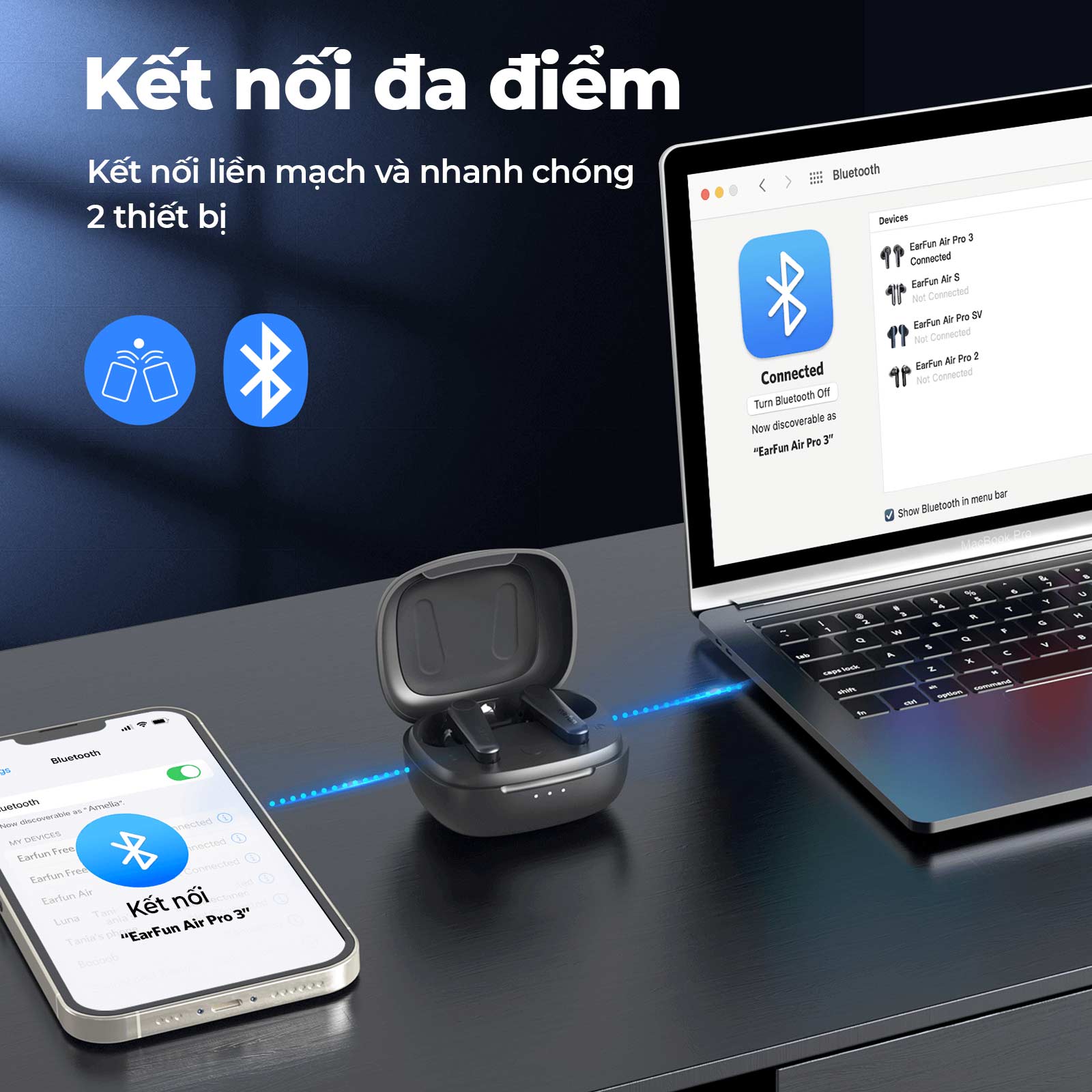 Tai nghe Bluetooth Earfun Air Pro 3 - Nâng tầm trải nghiệm âm thanh không dây của bạn với tai nghe <strong>Earfun Air Pro 3</strong>. Là sản phẩm đầu tiên trên thế giới tích hợp codec aptX™ Adaptive và Bluetooth LE Audio, tai nghe mang đến chất âm chi tiết, ổn định và độ trễ cực thấp. Công nghệ chống ồn độc quyền QuietSmart™ 2.0 Hybrid ANC khử ồn sâu tới 43dB, tạo ra không gian tĩnh lặng tuyệt đối. Hệ thống 6 micro với công nghệ cVc™ 8.0 đảm bảo mọi cuộc gọi trong như pha lê. Với tổng thời lượng pin 45 giờ và kết nối đa điểm thông minh, <strong>Earfun Air Pro 3</strong> là lựa chọn hoàn hảo để làm việc, giải trí và tận hưởng âm nhạc đỉnh cao ở bất cứ đâu.