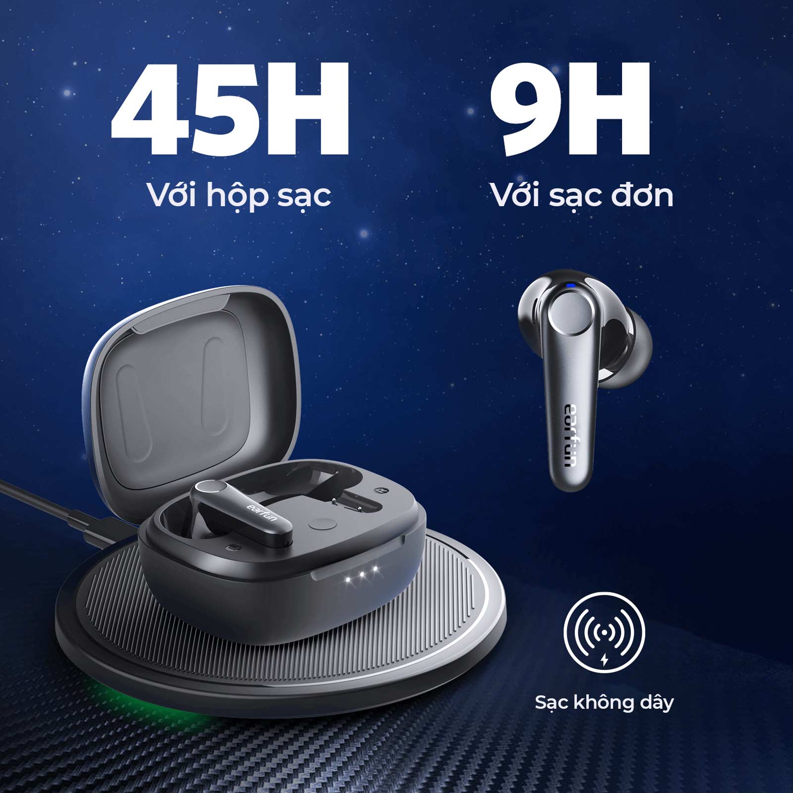 Tai nghe Bluetooth Earfun Air Pro 3 - Nâng tầm trải nghiệm âm thanh không dây của bạn với tai nghe <strong>Earfun Air Pro 3</strong>. Là sản phẩm đầu tiên trên thế giới tích hợp codec aptX™ Adaptive và Bluetooth LE Audio, tai nghe mang đến chất âm chi tiết, ổn định và độ trễ cực thấp. Công nghệ chống ồn độc quyền QuietSmart™ 2.0 Hybrid ANC khử ồn sâu tới 43dB, tạo ra không gian tĩnh lặng tuyệt đối. Hệ thống 6 micro với công nghệ cVc™ 8.0 đảm bảo mọi cuộc gọi trong như pha lê. Với tổng thời lượng pin 45 giờ và kết nối đa điểm thông minh, <strong>Earfun Air Pro 3</strong> là lựa chọn hoàn hảo để làm việc, giải trí và tận hưởng âm nhạc đỉnh cao ở bất cứ đâu.