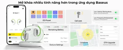 Tai Nghe Bluetooth Baseus Eli Sport 1 Open-Ear TWS Earbuds - Trải nghiệm âm nhạc mà không tách biệt với thế giới xung quanh cùng tai nghe thể thao <strong>Baseus Eli Sport 1 Open-Ear</strong>. Với thiết kế mở (Open-Ear) đột phá, tai nghe truyền âm thanh qua không khí mà không cần nhét vào trong tai, giúp bạn vừa thưởng thức âm nhạc vừa nhận biết được môi trường xung quanh, đảm bảo an toàn tối đa khi chạy bộ hay đạp xe. Móc tai silicon mềm mại, bám chắc vành tai, chống rơi rớt trong mọi hoạt động cường độ cao. Màng loa lớn 16.2mm cùng thuật toán tăng cường âm bass mang lại chất âm sống động, mạnh mẽ. Chuẩn chống nước IPX4 và tổng thời lượng pin 30 giờ biến <strong>Baseus Eli Sport 1 Open-Ear</strong> trở thành người bạn đồng hành lý tưởng cho mọi buổi tập.