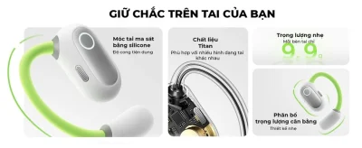 Tai Nghe Bluetooth Baseus Eli Sport 1 Open-Ear TWS Earbuds - Trải nghiệm âm nhạc mà không tách biệt với thế giới xung quanh cùng tai nghe thể thao <strong>Baseus Eli Sport 1 Open-Ear</strong>. Với thiết kế mở (Open-Ear) đột phá, tai nghe truyền âm thanh qua không khí mà không cần nhét vào trong tai, giúp bạn vừa thưởng thức âm nhạc vừa nhận biết được môi trường xung quanh, đảm bảo an toàn tối đa khi chạy bộ hay đạp xe. Móc tai silicon mềm mại, bám chắc vành tai, chống rơi rớt trong mọi hoạt động cường độ cao. Màng loa lớn 16.2mm cùng thuật toán tăng cường âm bass mang lại chất âm sống động, mạnh mẽ. Chuẩn chống nước IPX4 và tổng thời lượng pin 30 giờ biến <strong>Baseus Eli Sport 1 Open-Ear</strong> trở thành người bạn đồng hành lý tưởng cho mọi buổi tập.