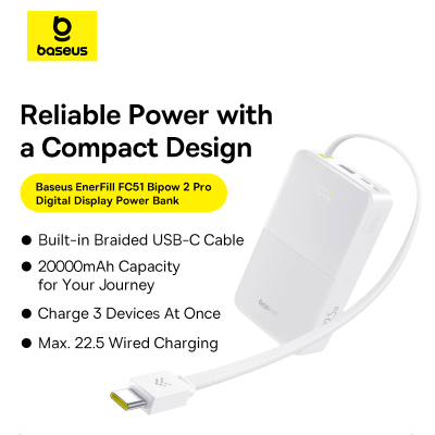 Sạc dự phòng hiệu Baseus EnerFill FC51 Bipow2 Pro Digital Display with Built-in Cable 20000mAh 22.5W - Nói lời tạm biệt với những sợi cáp sạc rối rắm và nỗi lo quên mang theo cáp! Sạc dự phòng <strong>Baseus EnerFill FC51 Bipow2 Pro Digital Display</strong> là giải pháp năng lượng "tất cả trong một" mà bạn đang tìm kiếm. Với dung lượng khủng 20000mAh và công suất sạc nhanh 22.5W, sản phẩm đảm bảo cung cấp năng lượng cho nhiều thiết bị trong nhiều ngày. Điểm nhấn đặc biệt là sợi cáp Type-C tích hợp sẵn tiện lợi và màn hình LED kỹ thuật số hiển thị chính xác từng % pin. Thiết kế nhỏ gọn, hiện đại cùng nhiều cổng sạc, <strong>Baseus EnerFill FC51 Bipow2 Pro Digital Display</strong> là người bạn đồng hành lý tưởng cho mọi chuyến đi, giúp bạn luôn kết nối.