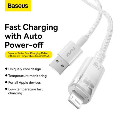 Cáp sạc nhanh hiệu Baseus Explorer Series with Smart Temperature Control USB to iP 2.4A - Bạn có lo lắng điện thoại bị nóng lên khi sạc, đặc biệt là lúc sạc qua đêm? Cáp sạc thông minh <strong>Baseus Explorer Series with Smart Temperature Control USB to iP 2.4A</strong> là giải pháp an toàn tối ưu. Được tích hợp chip kiểm soát nhiệt độ thông minh, sợi cáp này tự động điều chỉnh dòng điện, ngăn ngừa hiệu quả tình trạng quá nhiệt và bảo vệ tuổi thọ pin. Tận hưởng tốc độ sạc nhanh ổn định 2.4A và truyền dữ liệu hiệu quả. Với thiết kế "Explorer" trong suốt độc đáo và vỏ bện dù siêu bền, <strong>Baseus Explorer Series with Smart Temperature Control USB to iP 2.4A</strong> mang đến sự an tâm và phong cách cho mọi người dùng Apple.